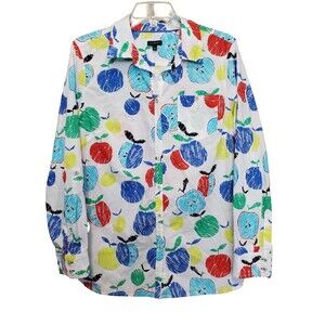 Talbots 100% Cotton Multicolor Apple Print Roll-Tab Sleeve Button-Up Shirt Sz L